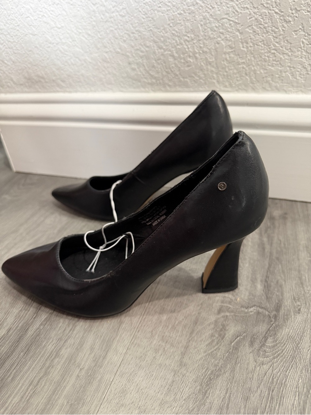 French Connection Raven Black Pointed Toe Flared Heel Pumps